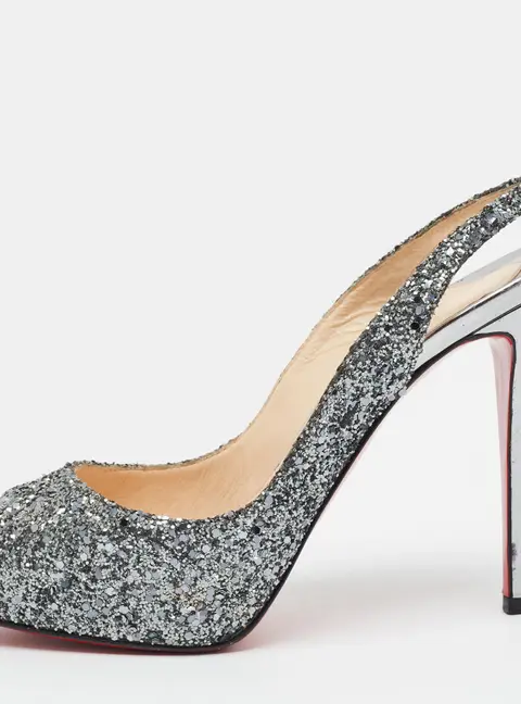 Christian Louboutin Prive Size 38.5 Silver Glitter Slingback Sandals
