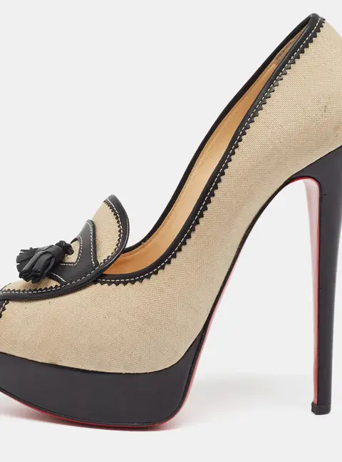 Christian Louboutin Alta Campus Size 38 Beige/Black Canvas and Leather Platform Pumps