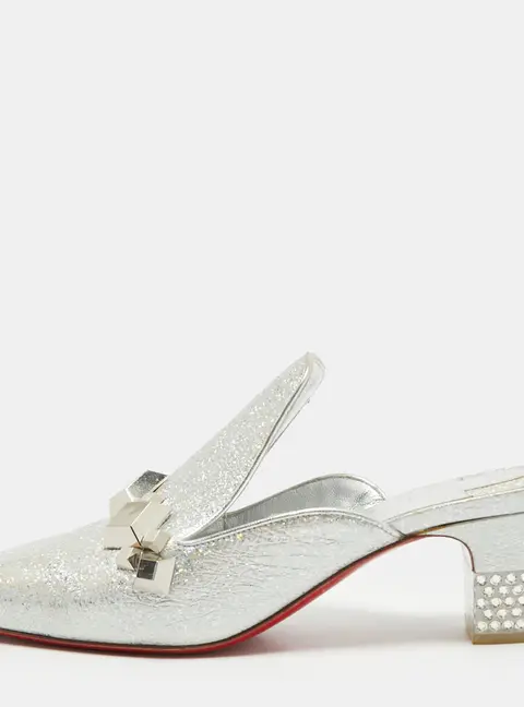 Christian Louboutin Size 37 Silver Leather Crystal Embellished Mules