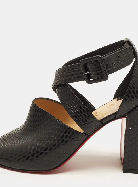 Christian Louboutin Size 37 Black Snakeskin Embossed Leather Ankle Strap Sandals