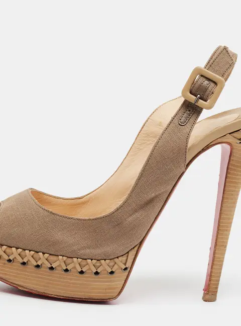 Christian Louboutin Lady Indiana Size 38.5 Beige Canvas Slingback Sandals