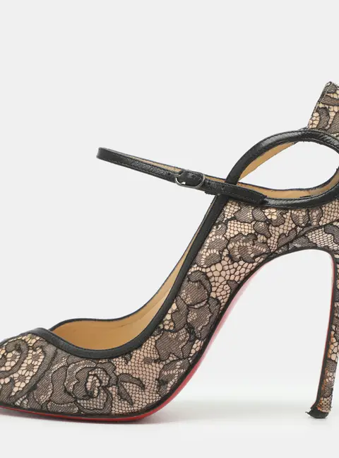 Christian Louboutin Tournicoti Dentelle Size 38.5 Black/Pink Lace and Leather Mary Jane Pumps