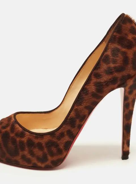Christian Louboutin Dorispiky Size 37 Brown Leopard Print Calf Hair Peep Toe Pumps