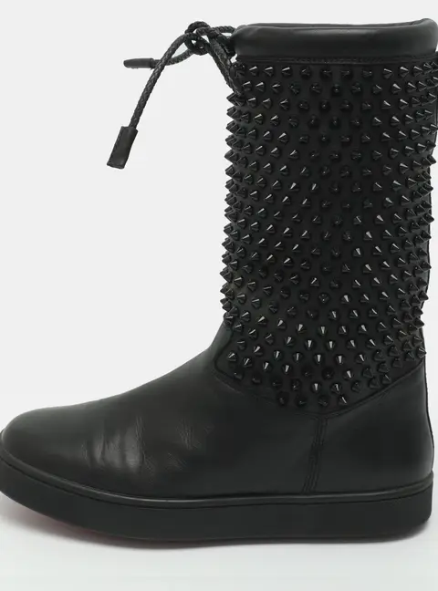 Christian Louboutin Surlapony Spiked Size 37.5 Black Leather Mid Calf Boots