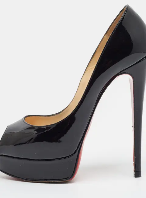 Christian Louboutin Lady Peep Size 37 Black Patent Leather Peep Toe Pumps