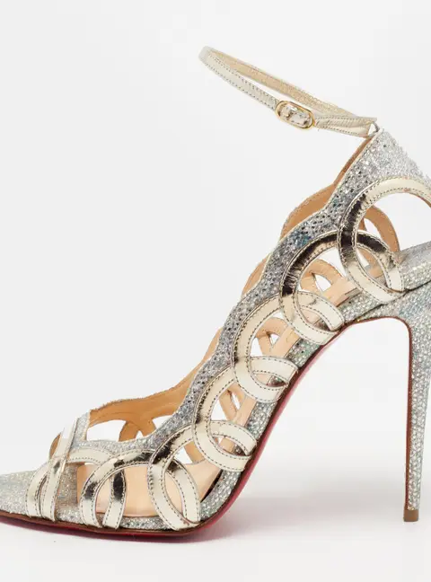 Christian Louboutin Houla Hot Size 37 Gold/Silver Cut-Out Leather and Glitter Open Toe Pumps