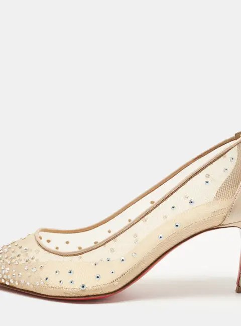 Christian Louboutin Follies Strass Size 35 Beige Mesh Crystal Embellished Pointed Toe Pumps