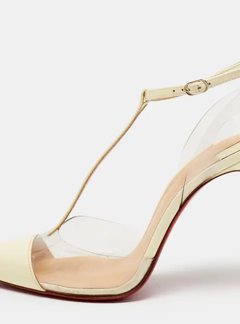 Christian Louboutin Nosy Size 35 Off White Patent Leather and PVC T-Bar Pumps