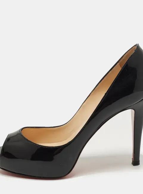 Christian Louboutin Very Prive Size 37.5 Black Patent Leather Peep Toe Pumps