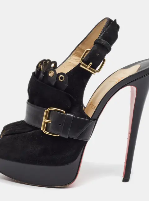 Christian Louboutin Jem Size 39.5 Black Leather and Suede Platform Slingback Sandals
