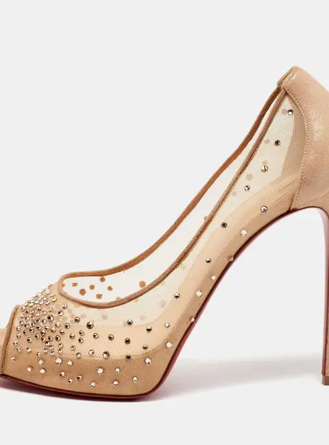 Christian Louboutin Very Strass Size 39 Beige Mesh and Suede Peep Toe Platform Pumps