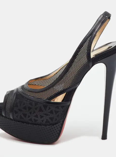 Christian Louboutin Marina Size 36.5 Black Leather and Mesh Platform Slingback Pumps