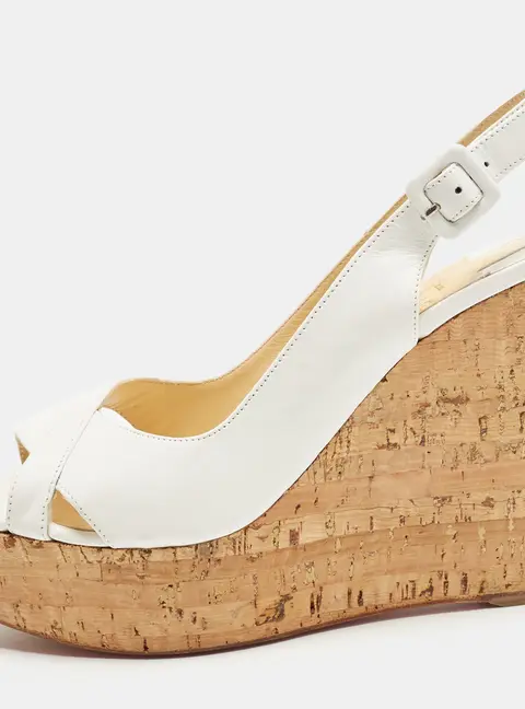 Christian Louboutin Size 40 White Leather Cork Wedge Sandals