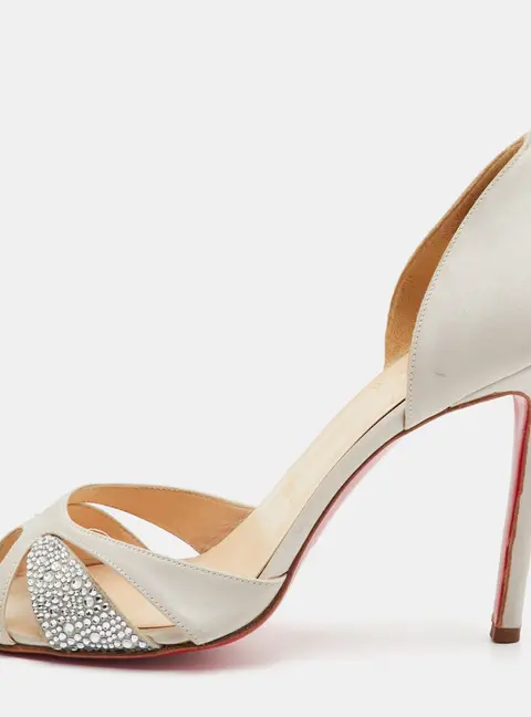 Christian Louboutin Size 39 Off White Satin Crystal Embellished Open Toe Pumps