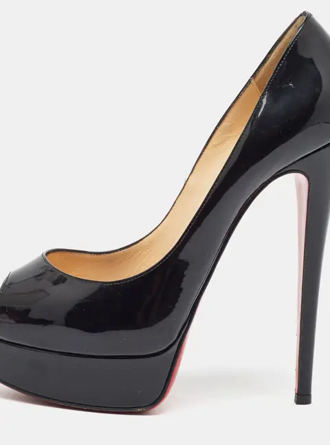Christian Louboutin Very Prive Size 38 Black Patent Leather Peep Toe Pumps