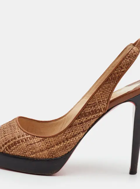 Christian Louboutin Size 39 Brown Leather and Raffia Platform Peep Toe Slingback Pumps