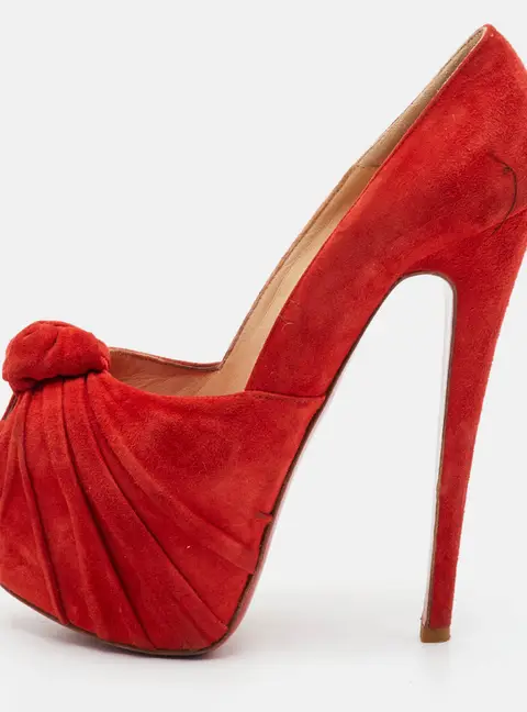 Christian Louboutin Lady Gres Size 35.5 Red Suede Knot Peep Toe Platform Pumps