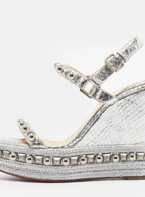 Christian Louboutin Cataclou Size 38 Silver Snakeskin Embossed Leather Wedge Sandals