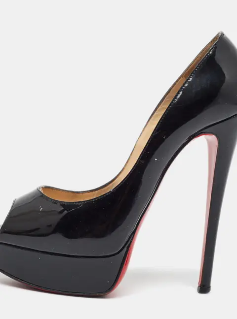 Christian Louboutin Very Prive Size 37 Black Patent Leather Peep Toe Pumps