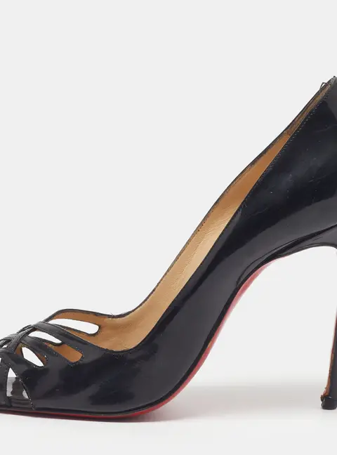 Christian Louboutin Luciana Size 38.5 Black Patent Leather Peep Toe Pumps