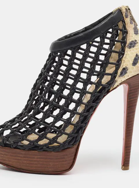 Christian Louboutin Coussin Size 36 Black/Beige Leather and Snakeskin Leather Booties