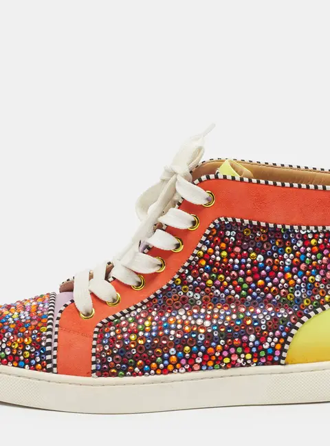 Christian Louboutin Louis Size 36.5 Multicolor Leather and Suede Strass Embellished High Top Sneakers