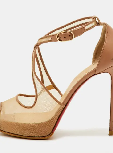 Christian Louboutin Mariacar Size 37 Beige Leather and Mesh Platform Peep Toe Pumps