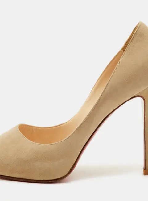 Christian Louboutin Prive Size 39 Beige Suede Crystal Platform Peep Toe Pumps