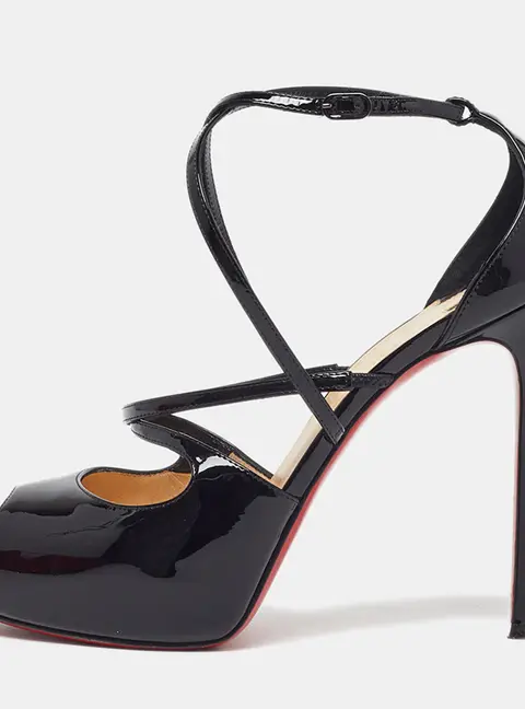Christian Louboutin Size 38 Black Patent Leather Ankle Strap Sandals