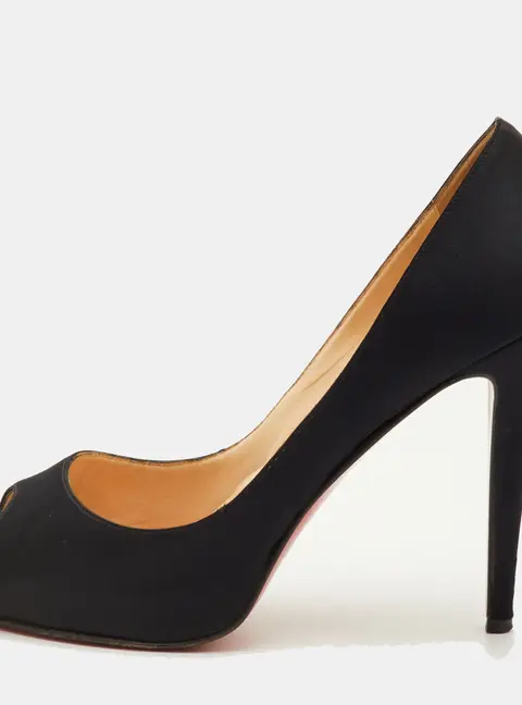 Christian Louboutin Very Prive Size 39 Black Satin Crystal Embellished Platform Peep Toe Pumps