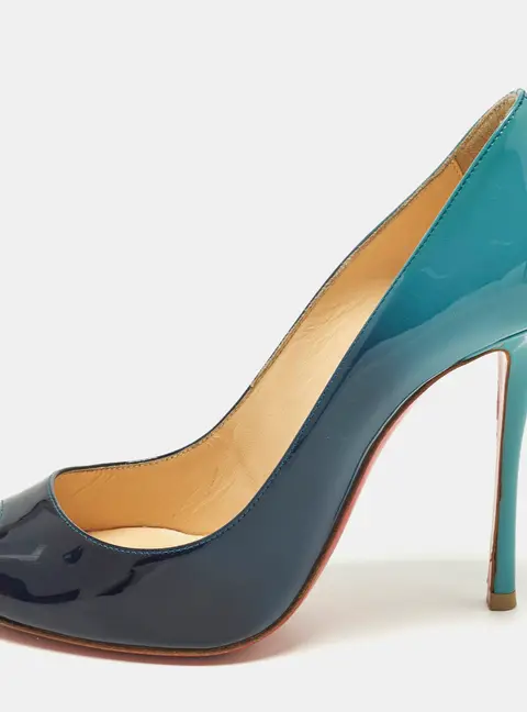 Christian Louboutin Yootish Size 37.5 Blue Patent Leather Peep Toe Pumps