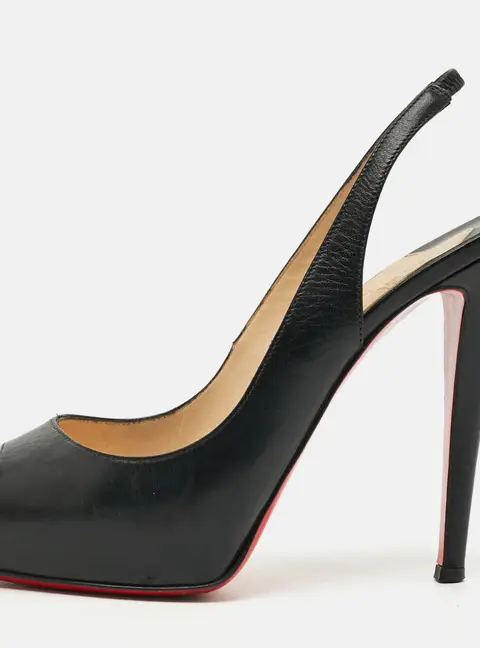 Christian Louboutin Private Number Size 39 Black Leather Peep Toe Slingback Pumps