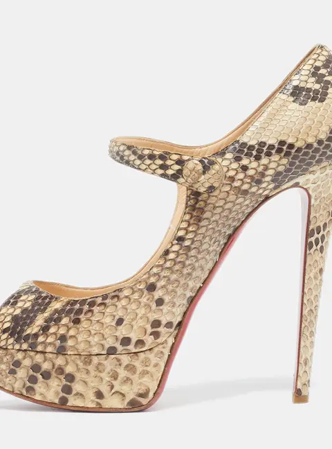 Christian Louboutin Lowa Zeppa Size 40.5 Beige Python Leather Mary Jane Pumps