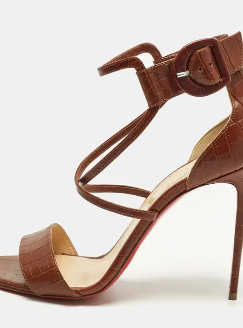 Christian Louboutin Choca Size 41 Brown Croc Embossed Leather Ankle Strap Sandals