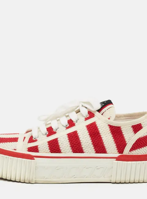 Christian Louboutin Super Pedro White/Red Stripe Knit Fabric Platform Low Top Sneakers