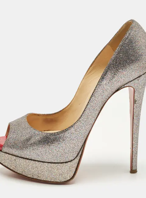 Christian Louboutin Lady Peep Size 38 Metallic Silver Glitter Peep Toe Pumps
