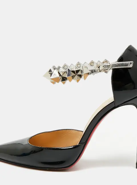 Christian Louboutin Planet Chic 100 Size 38 Black Patent Leather Ankle Strap Pumps