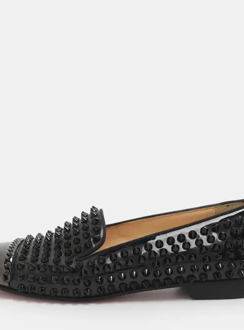 Christian Louboutin Glitz Metal Cap Toe Size 38 Black Patent Leather Smoking Slippers