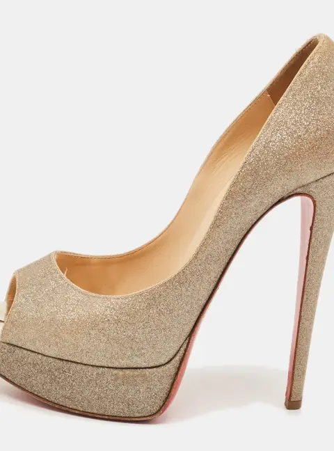 Christian Louboutin Very Prive Size 37.5 Gold Glitter Peep Toe Pumps