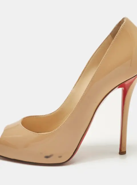 Christian Louboutin Emmanuelle Size 37.5 Beige Patent Leather Peep Toe Pumps