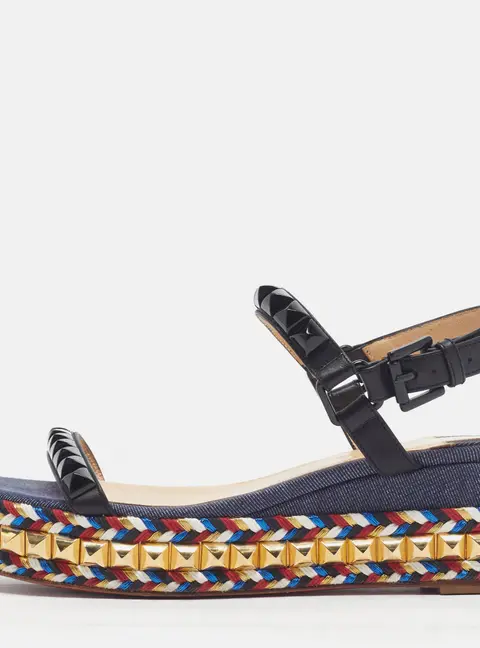 Christian Louboutin Pyraclou Size 36 Multicolor Denim and Leather Studded Ankle Strap Platform Sandals