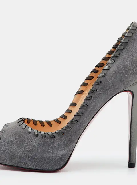 Christian Louboutin Very Prive Size 37.5 Grey Suede and Metallic Leather Platform Peep Toe Pumps