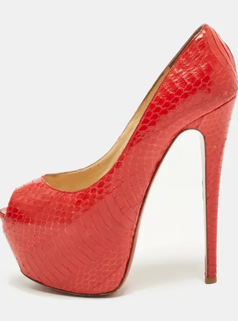 Christian Louboutin Highness Size 38 Red Python Leather Platform Peep Toe Pumps