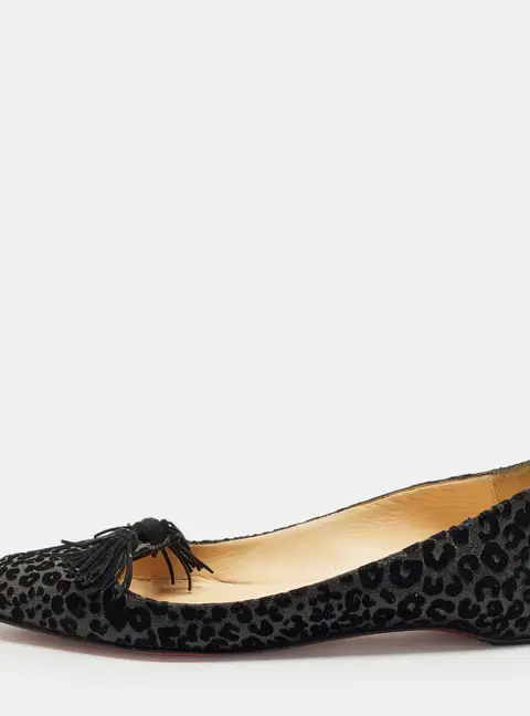 Christian Louboutin Gwalior Size 37.5 Black Leopard Flocked Velvet Ballet Flats