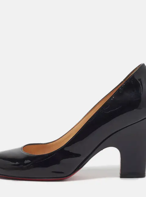Christian Louboutin Size 37.5 Black Patent Leather Block Heel Pumps