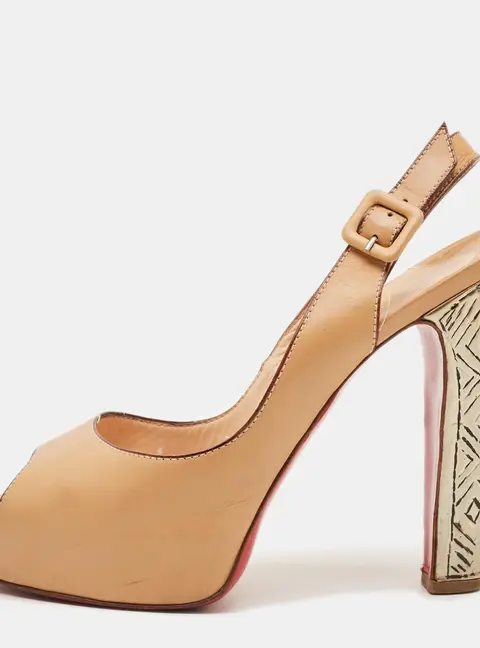 Christian Louboutin Private Number Size 39 Tan Leather Peep Toe Pumps