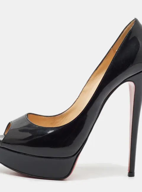 Christian Louboutin New Very Prive Size 40 Black Patent Leather Peep Toe Platform Pumps
