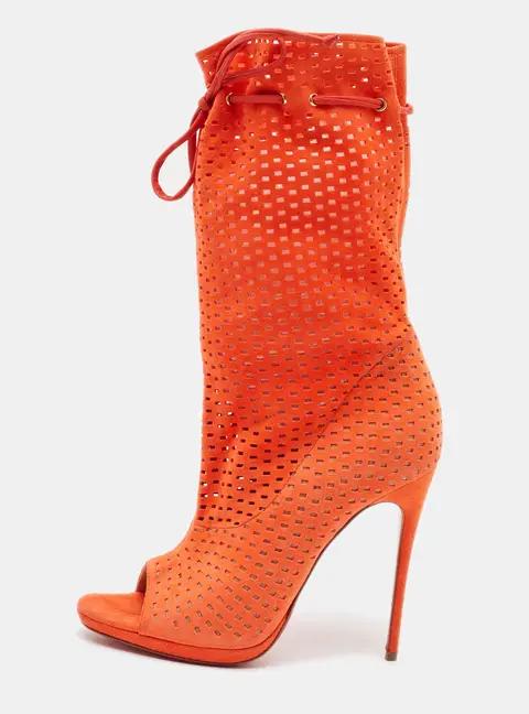 Christian Louboutin Size 37 Orange Suede Ankle Length Boots