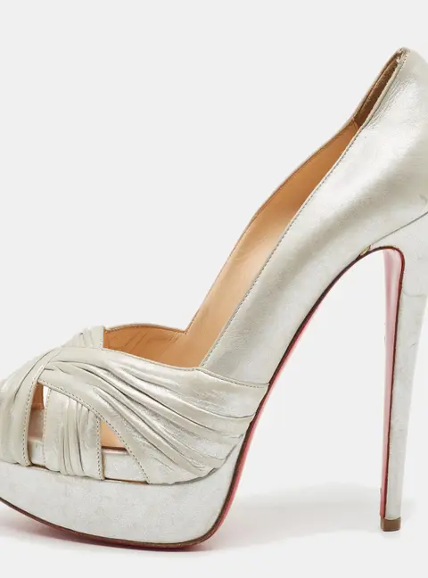Christian Louboutin Size 39.5 Silver Leather Peep Toe Pumps