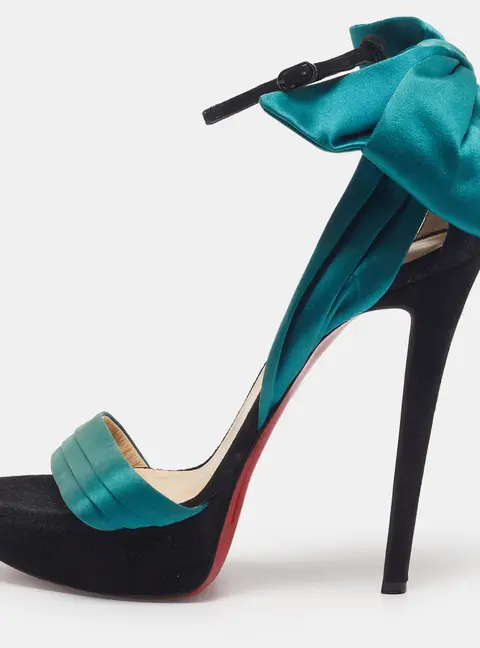 Christian Louboutin Vampanodo Size 38.5 Blue/Back Satin and Suede Ankle Strap Sandals